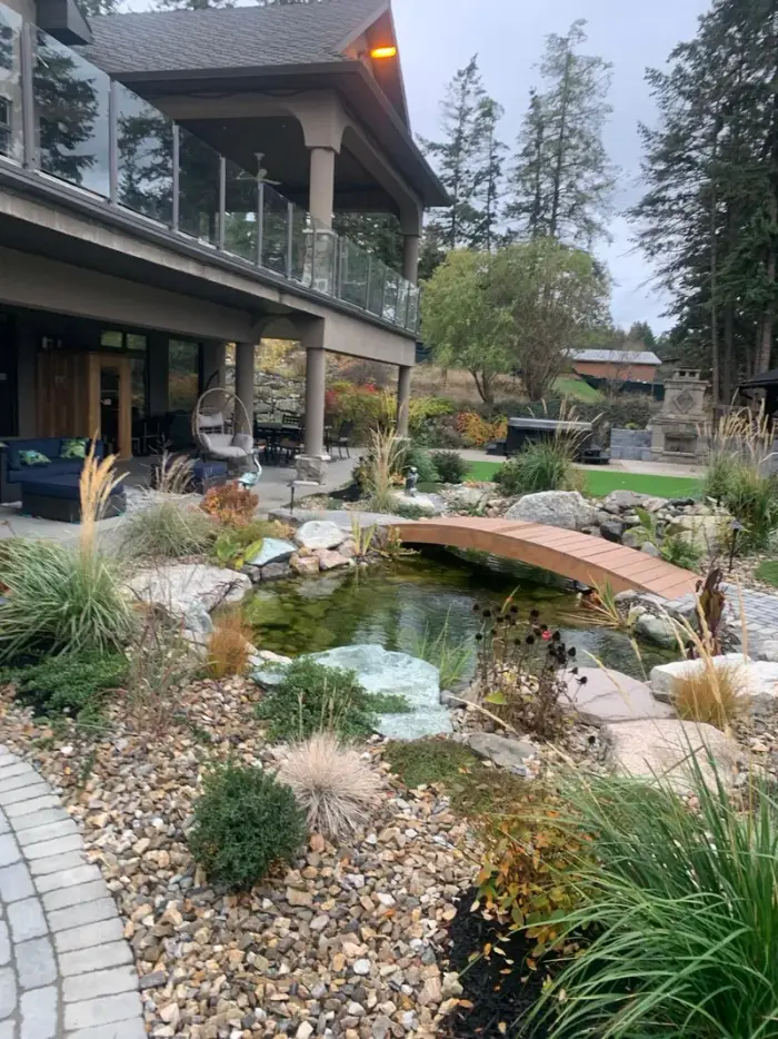 Luxury backyard koi pond with a curved wooden arc bridge, lush ornamental grasses, large boulders, and a hanging egg chair on the covered patio of a high-end Okanagan home.