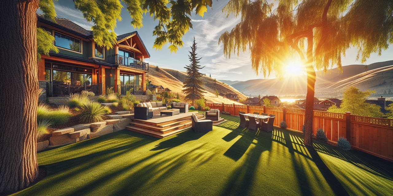 Kelowna residential backyard with natural grass lawn and Okanagan hills in the background on a hot summer day
