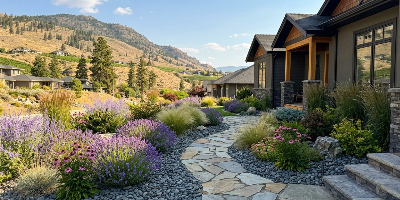 Drought-tolerant landscaped front yard in Kelowna with lavender and river rock