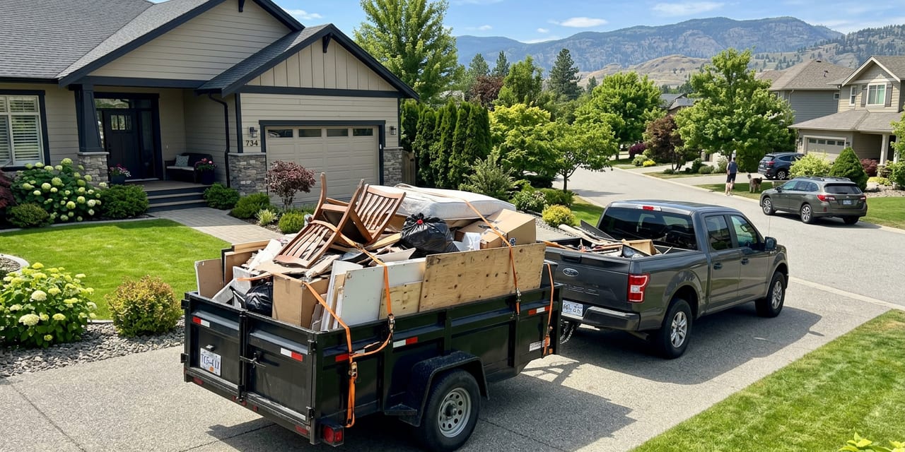 Junk removal truck being loaded at a Kelowna BC residential home