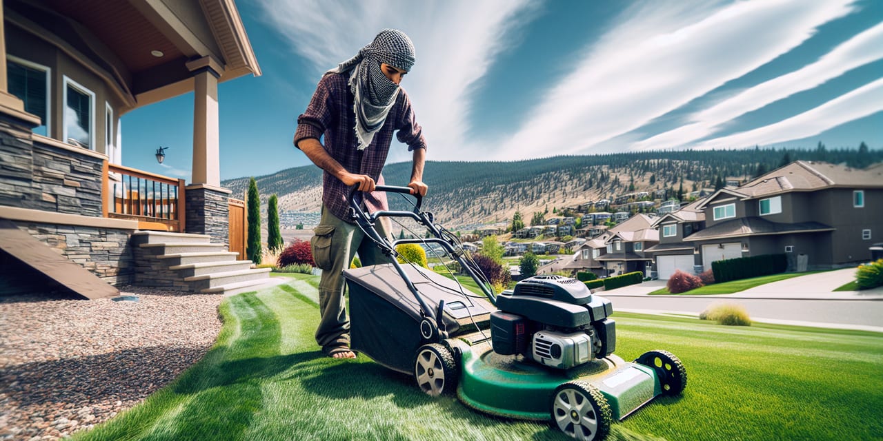 Peachland residential yard in early spring ready for seasonal maintenance