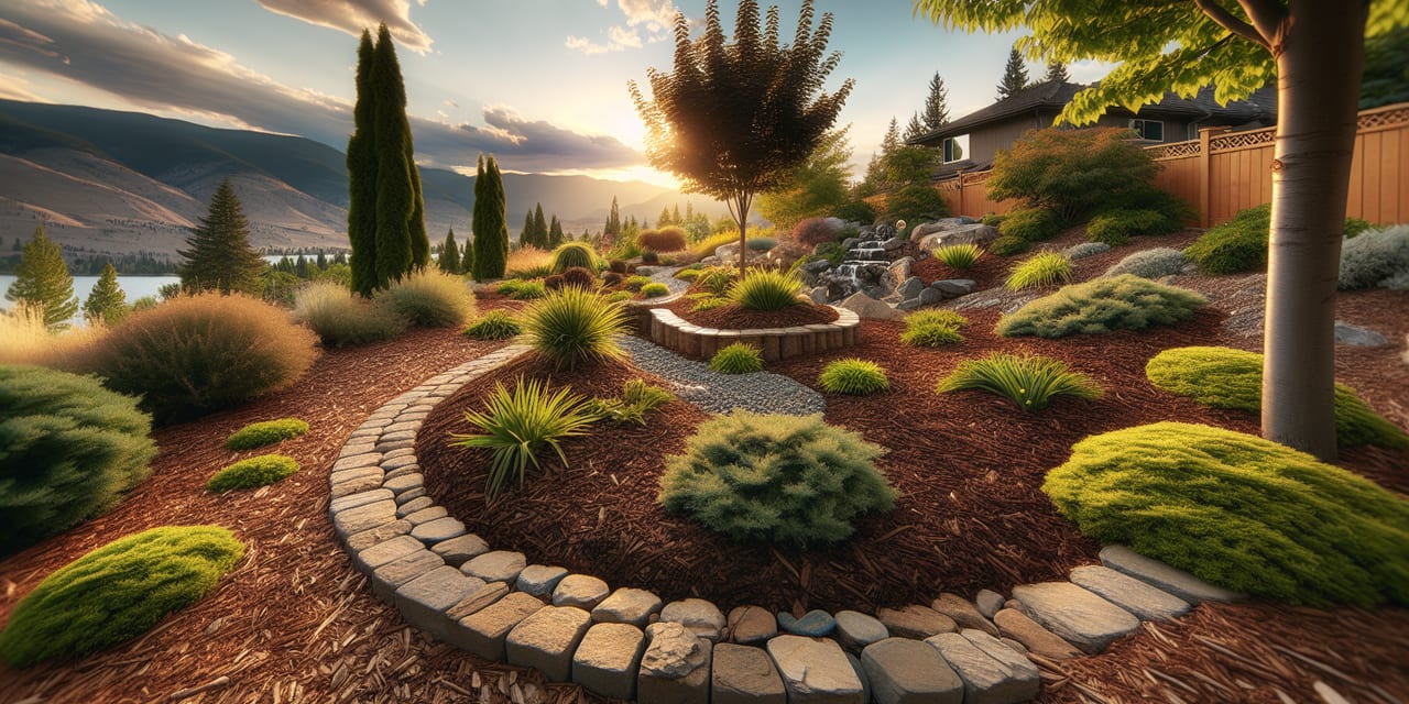 Peachland residential yard in early spring ready for seasonal maintenance