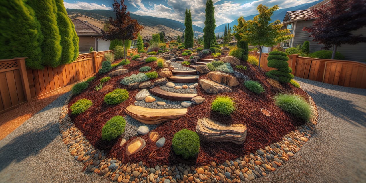 Mulch & Drainage Rocks work at a residential property in Peachland BC
