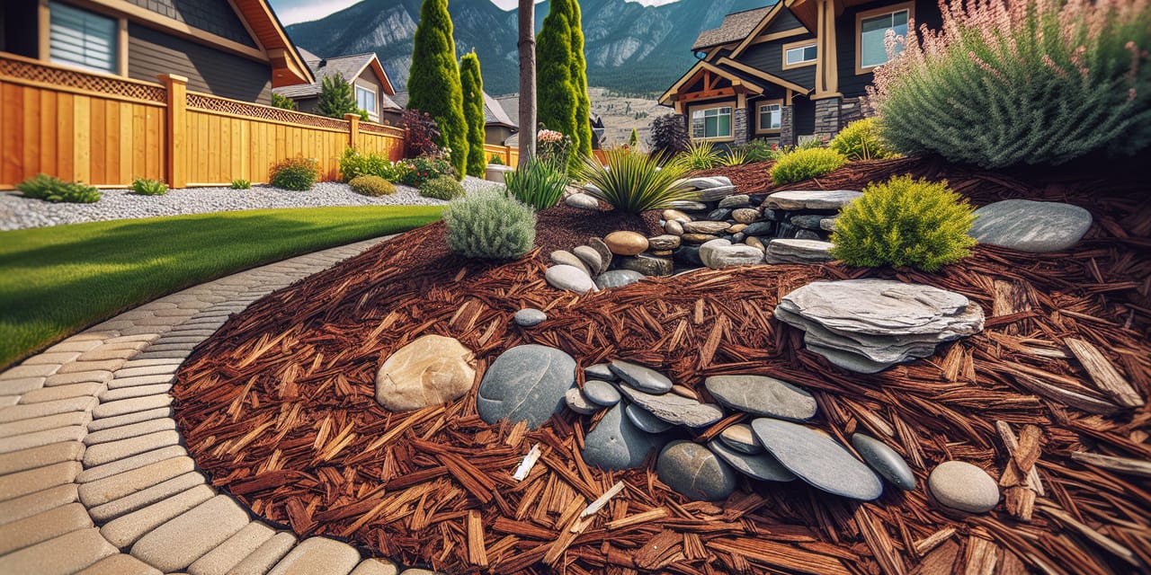 Mulch & Drainage Rocks work at a residential property in Summerland BC