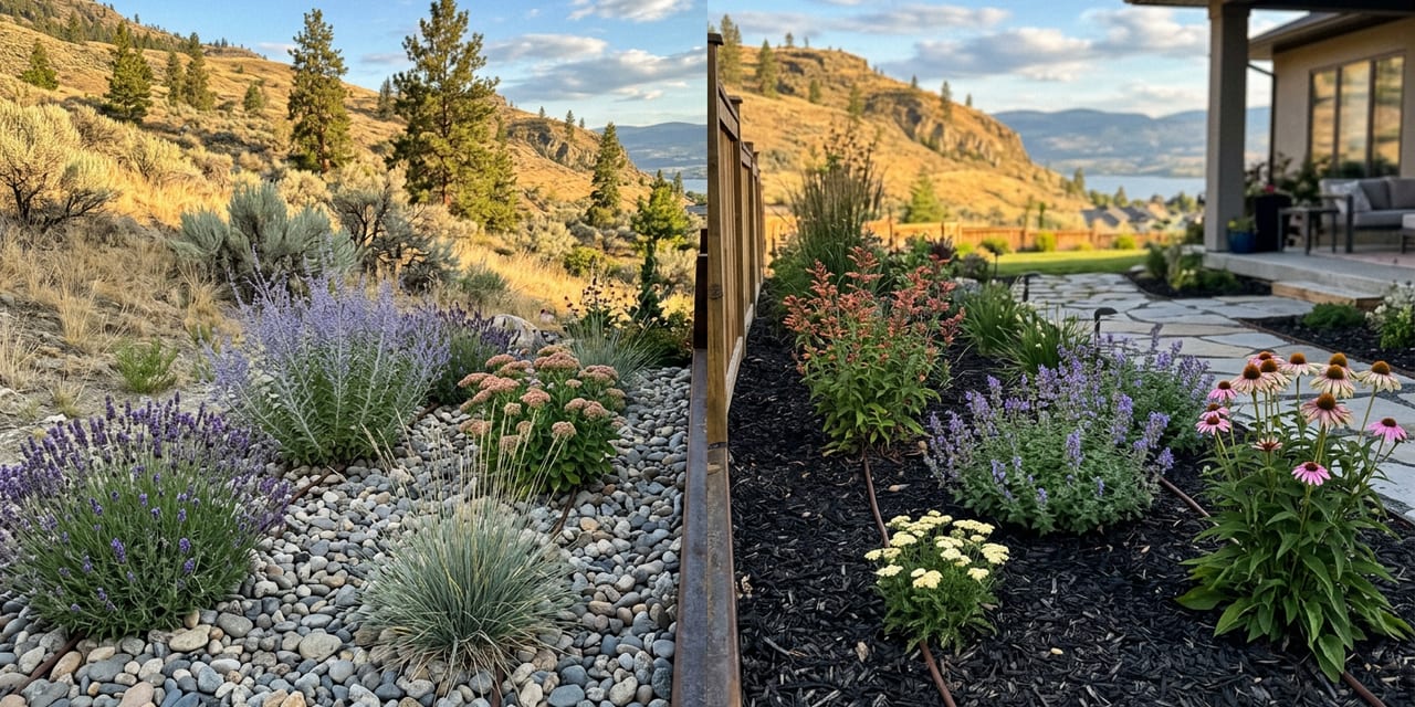 River rock and bark mulch garden beds at a Kelowna home with Okanagan hillside behind