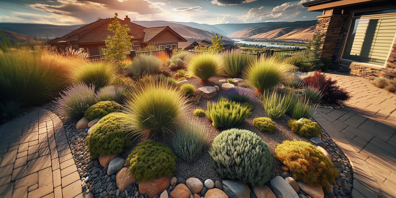 Okanagan landscaped garden bed with decorative rock and drought-tolerant plants in Kelowna