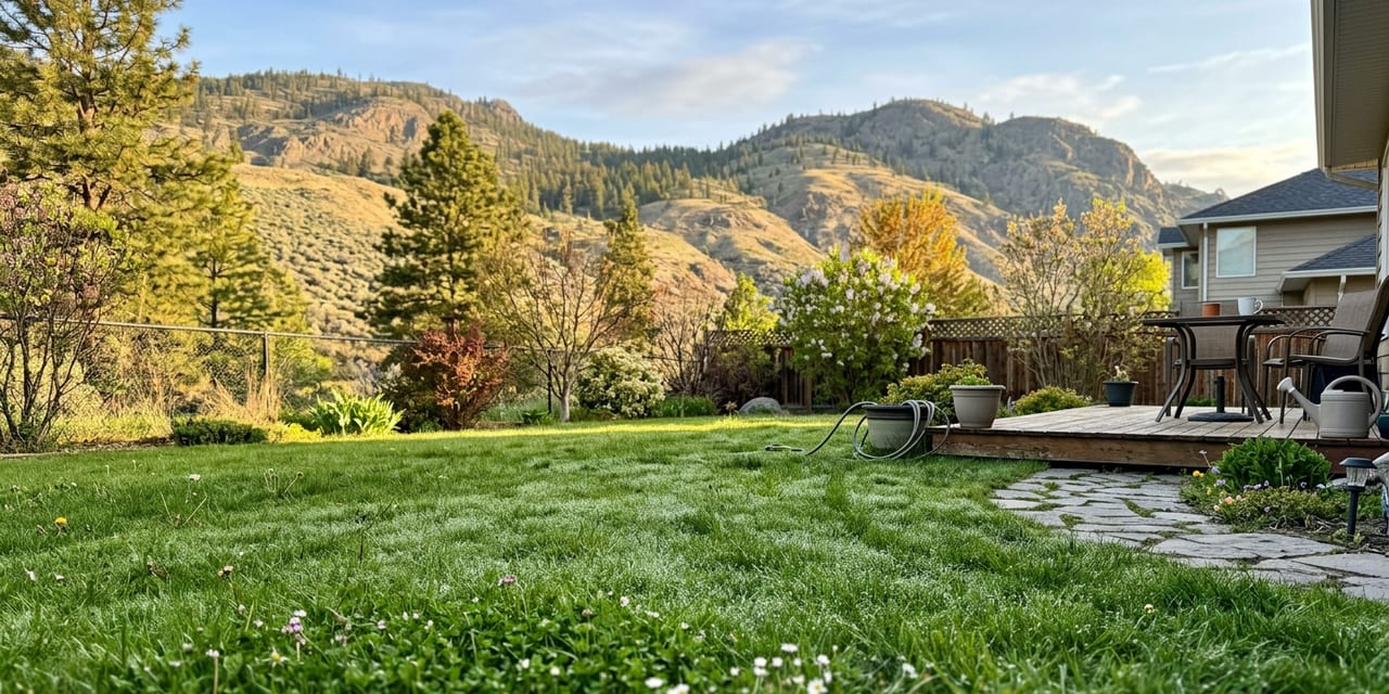 Green lawn in Kelowna BC backyard in early spring with Okanagan hills in background
