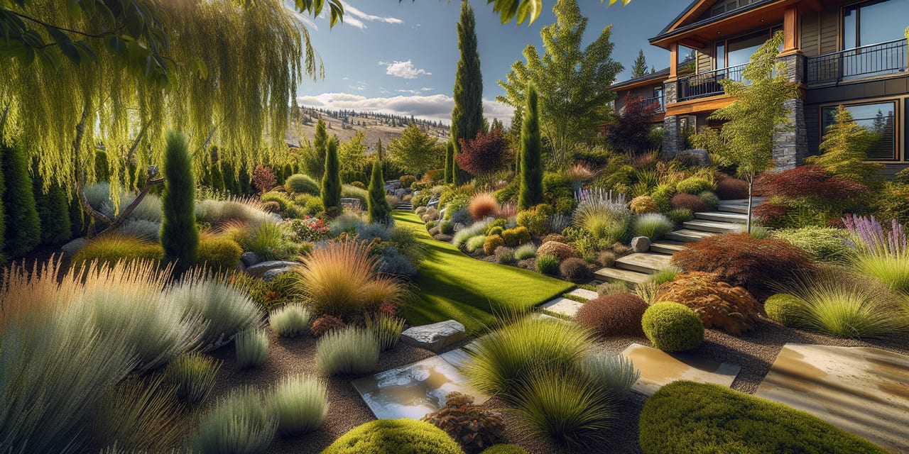 Kelowna residential yard in early spring ready for seasonal maintenance