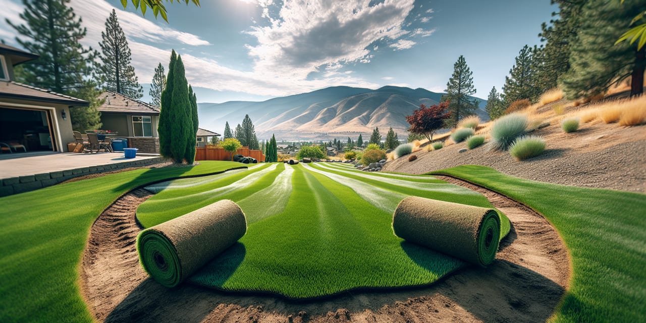Freshly laid sod on a Kelowna residential lawn with dry Okanagan hills in the background