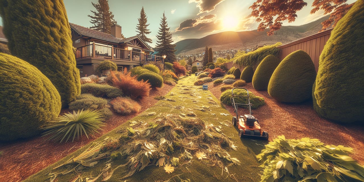 Peachland residential yard in early spring ready for seasonal maintenance