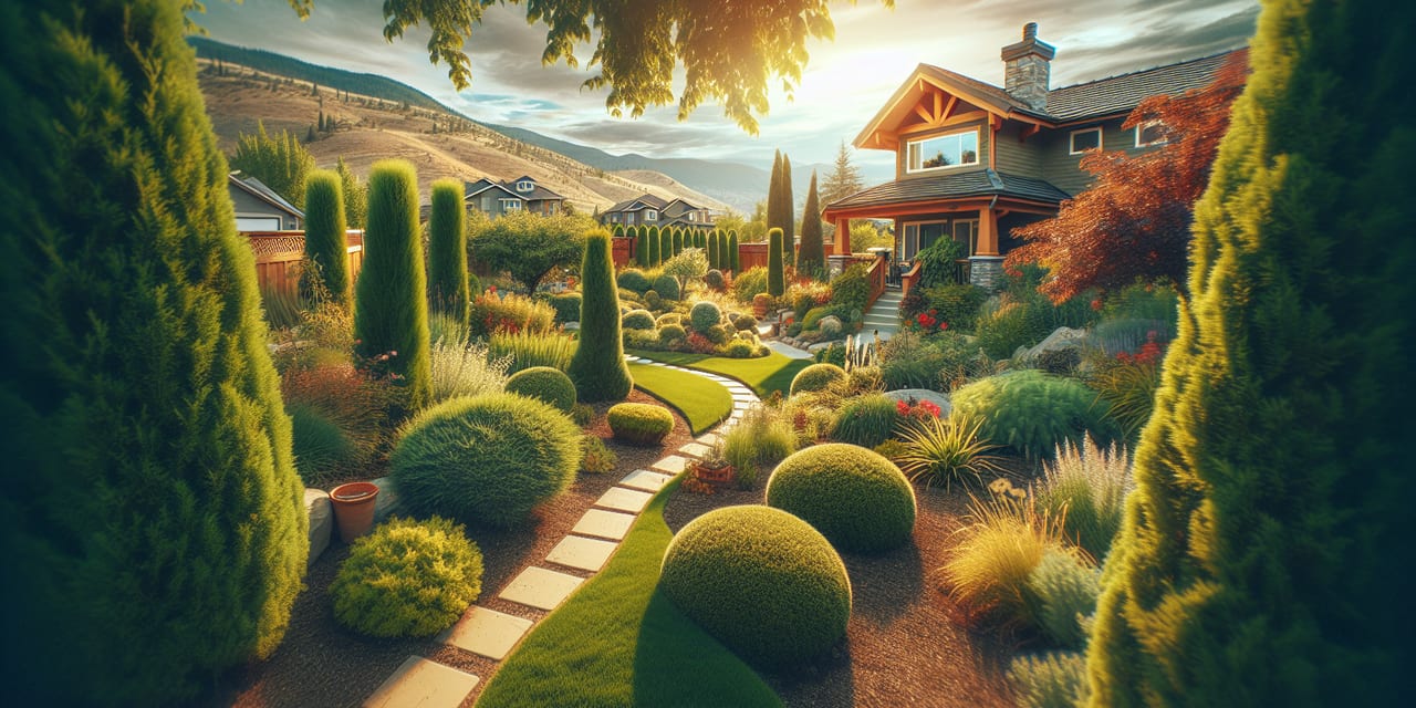 Penticton residential yard in early spring ready for seasonal maintenance