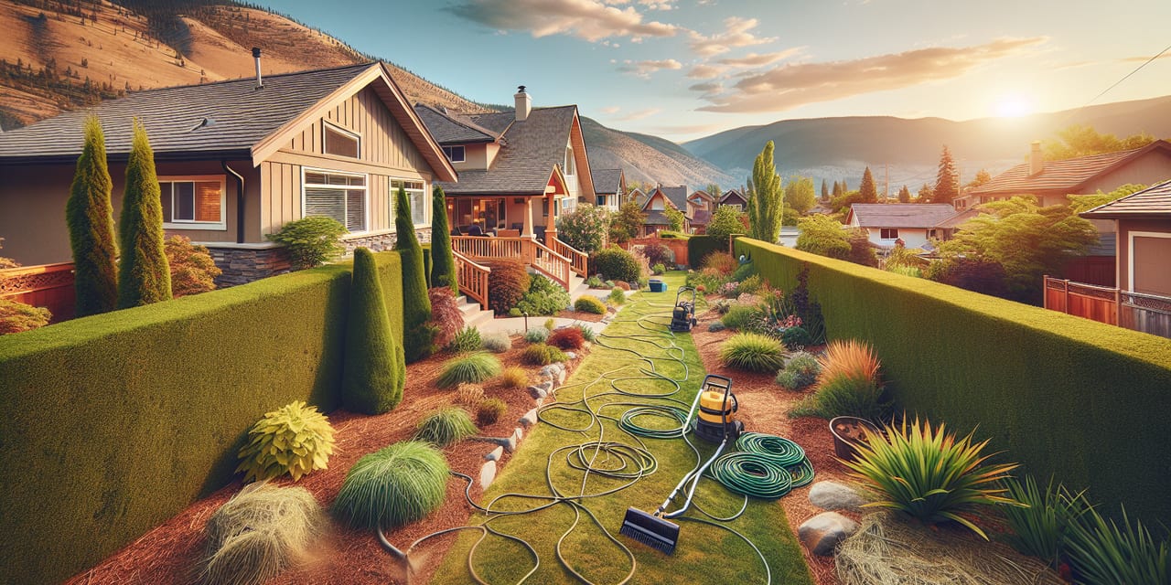 Summerland residential yard in early spring ready for seasonal maintenance
