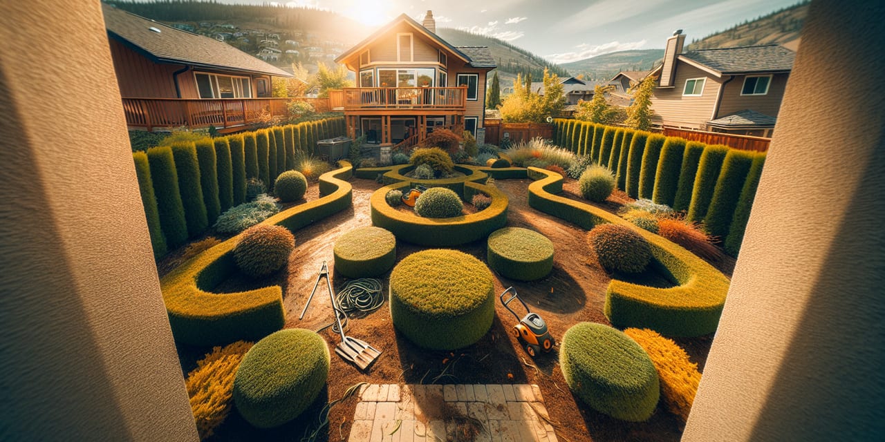 West Kelowna residential yard in early spring ready for seasonal maintenance