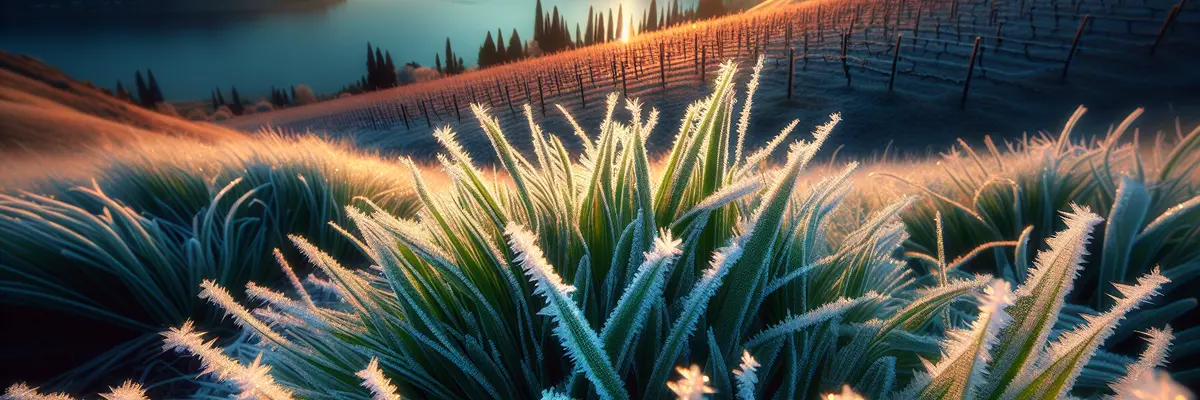 Frost crystals on grass blades at sunrise over Okanagan Lake