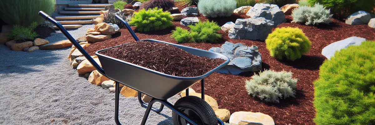 Wheelbarrow of bark mulch beside a garden bed with decorative river rock