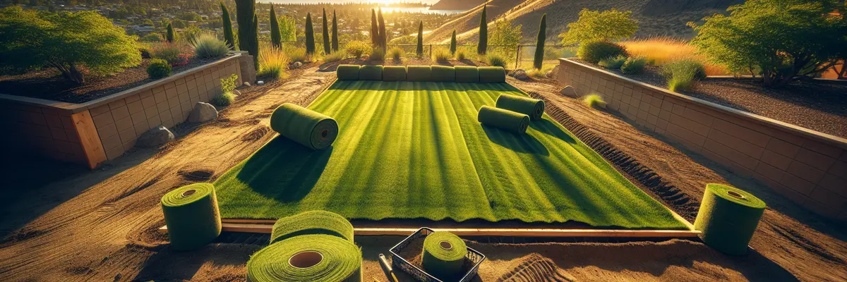 Fresh sod rolls being laid on prepared soil in an Okanagan backyard