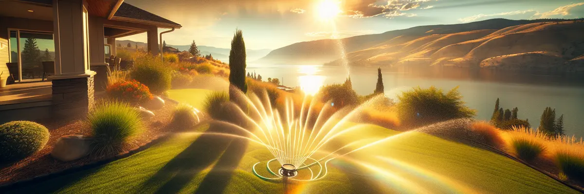 Sprinkler watering a lush lawn in a sunny Okanagan backyard